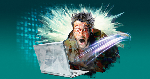 Ein überraschter Mann mit Brille blickt mit offenem Mund auf einen Laptop. Aus dem Laptop strömen dynamische Lichtlinien, die Geschwindigkeit und digitale Energie symbolisieren. Im Hintergrund verstärken leuchtende Effekte den Eindruck von Highspeed-Internet und der Glasfasertechnologie.
