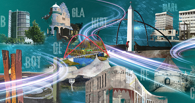 Collage aus markanten Gebäuden und Wahrzeichen verschiedener Städte der Region, darunter ein Wasserturm, moderne Bürogebäude, ein Zeltdach und ein Obelisk. Leuchtende, geschwungene Datenlinien durchziehen das Bild, symbolisieren Vernetzung und Digitalisierung. Über den Städtenamen wie „GE“, „GLA“, „BOT“ und „MARL“ sind als Kürzel eingeblendet.