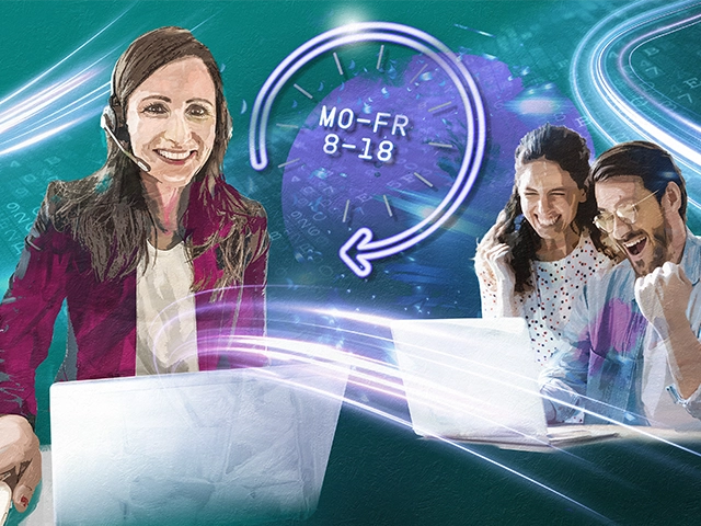 Illustration mit drei Personen an Laptops: Links eine freundliche Frau mit Headset als Kundenberaterin, rechts ein lachendes Paar beim Surfen. In der Mitte eine stilisierte Uhr mit Öffnungszeiten „Mo–Fr 8–18 Uhr“. Im Hintergrund digitale Symbole und Lichtwellen, die für Internet und Datenverkehr stehen.